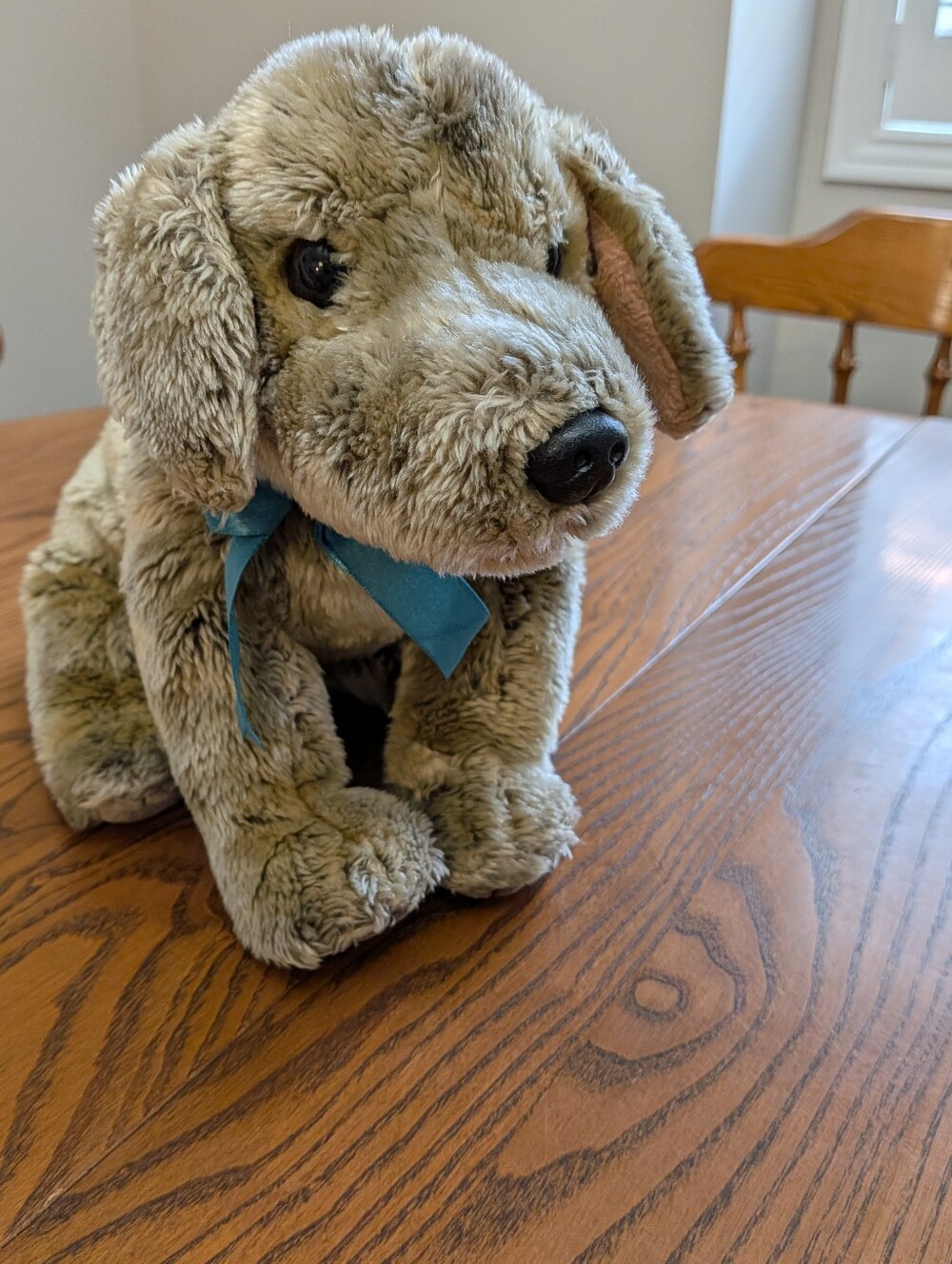 Ty Beanie Buddy. Tanner Plush Dog Toy - Taupe with Blue Bow. GUC.